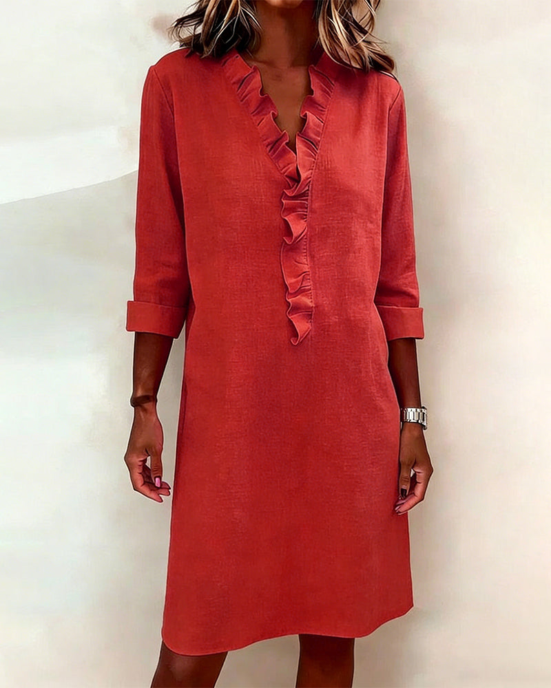 Ophivyn - V-hals jurk voor dames met volant rechte snit casual stijl
