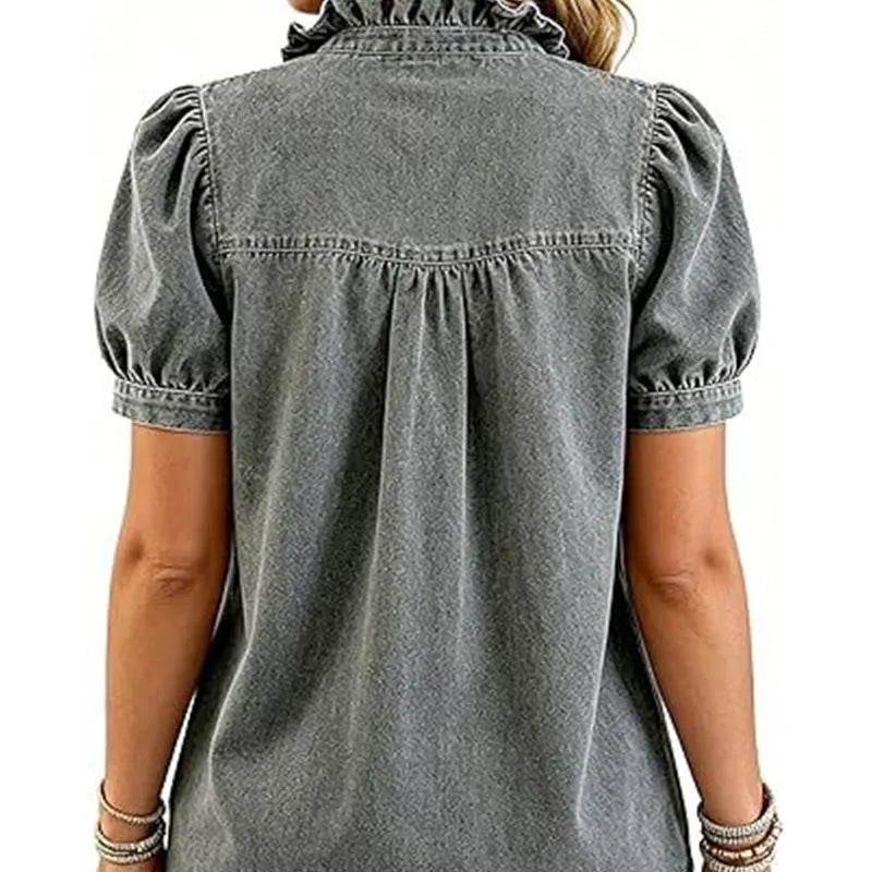 Caelith - Dames denim top met volantkraag