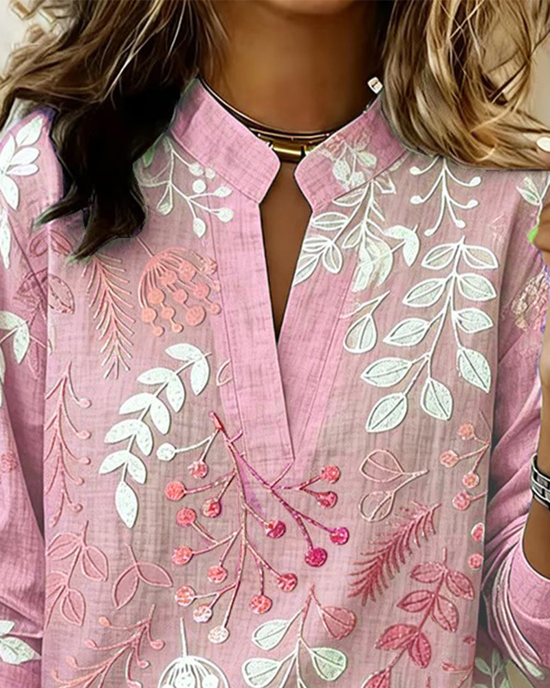 Drynora - Damesblouse met bloemenprint open kraag lange mouwen elegante stijl