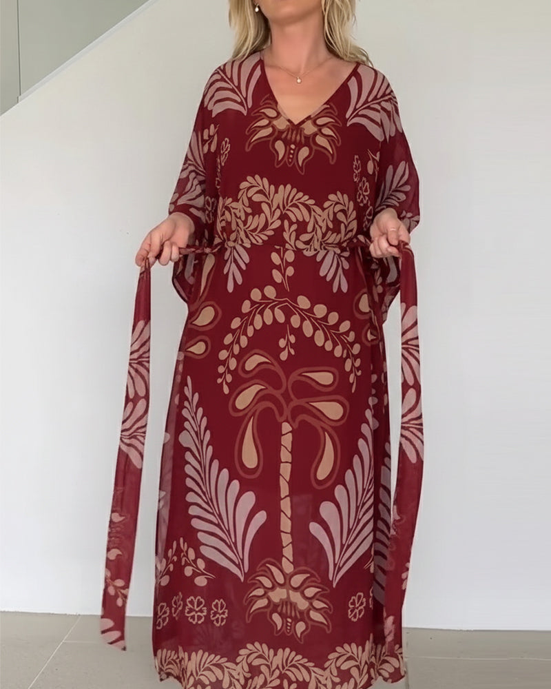 Praxellea - Boheemse maxi jurk voor vrouwen met V-hals en elegante bladerenprint