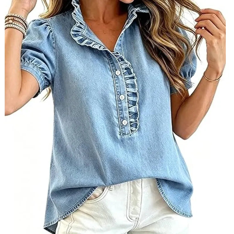Caelith - Dames denim top met volantkraag