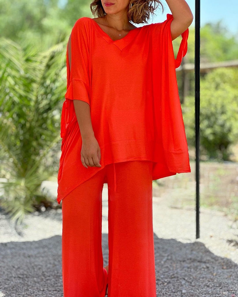Ginevra - Casual tweedelige set met wijde pijpen en V-hals
