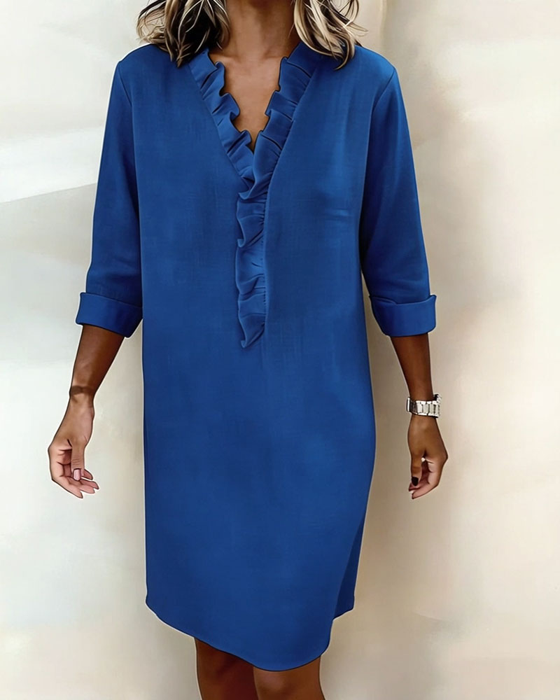 Ophivyn - V-hals jurk voor dames met volant rechte snit casual stijl