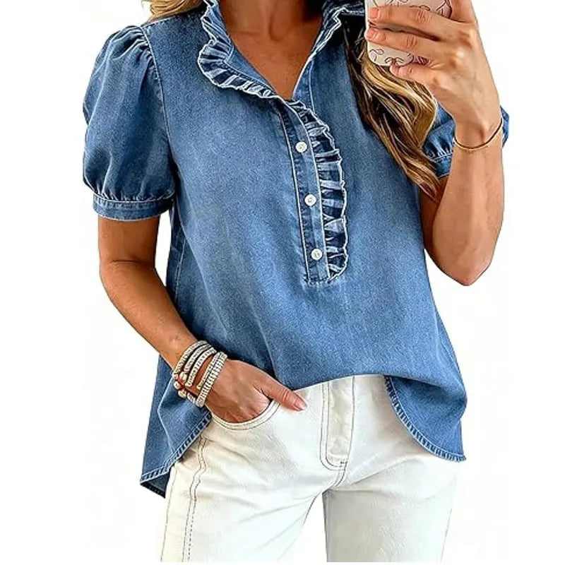Caelith - Dames denim top met volantkraag