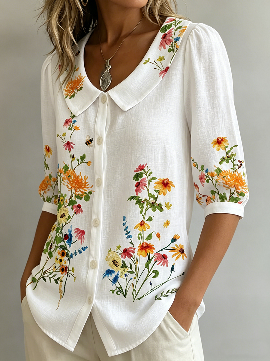 Mavessia - Damesblouse van katoen en linnen met artistieke vintage bloemenprint