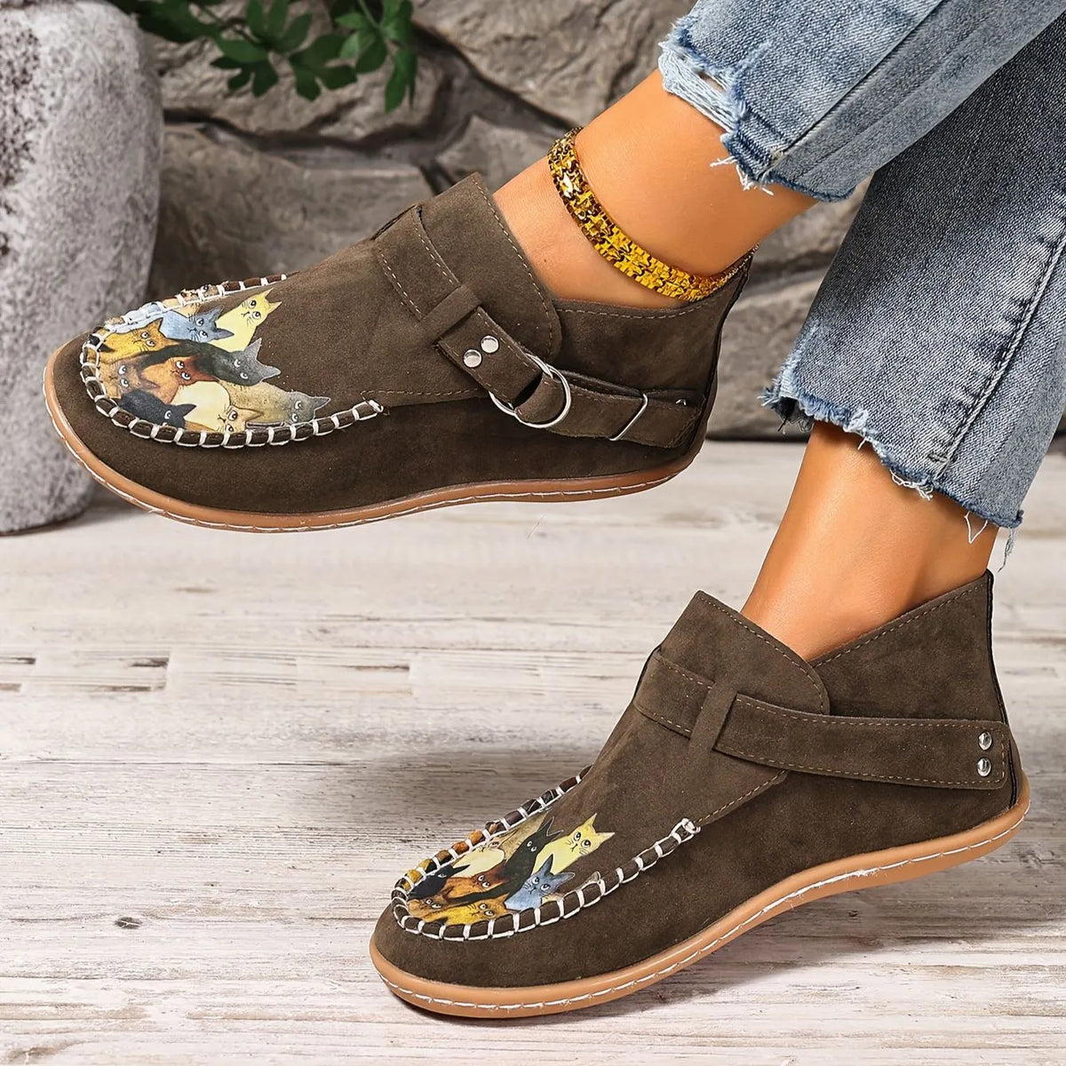 Annefleur - Dames instap mocassins met kattenprint