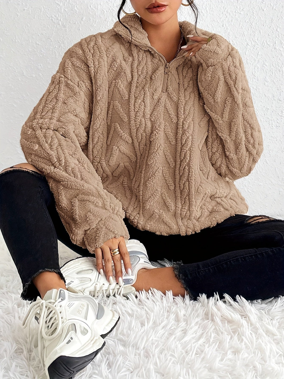 Claudette - Luxe Sweatshirt met Fleece en Kabeltricot