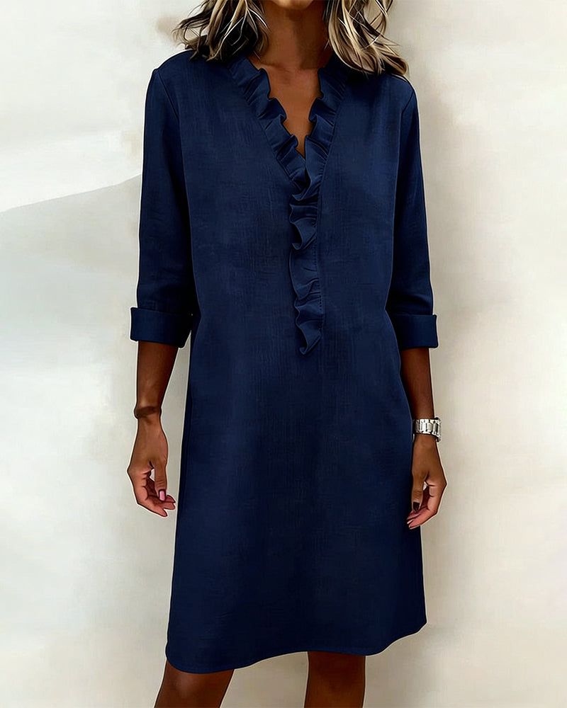 Ophivyn - V-hals jurk voor dames met volant rechte snit casual stijl