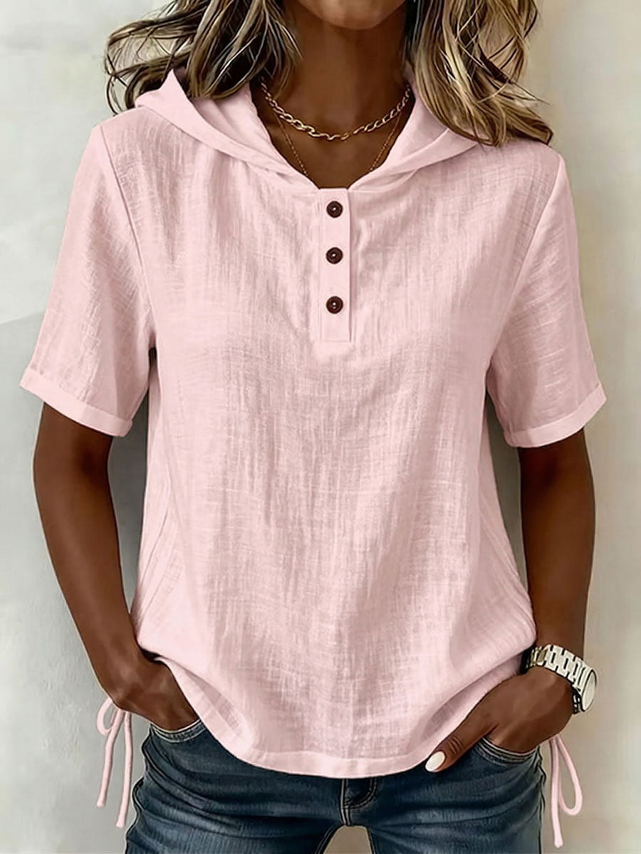 Aevrixa - Dames top met capuchon, vloeiende stof, korte mouwen, knopen, open kraag, casual stijl