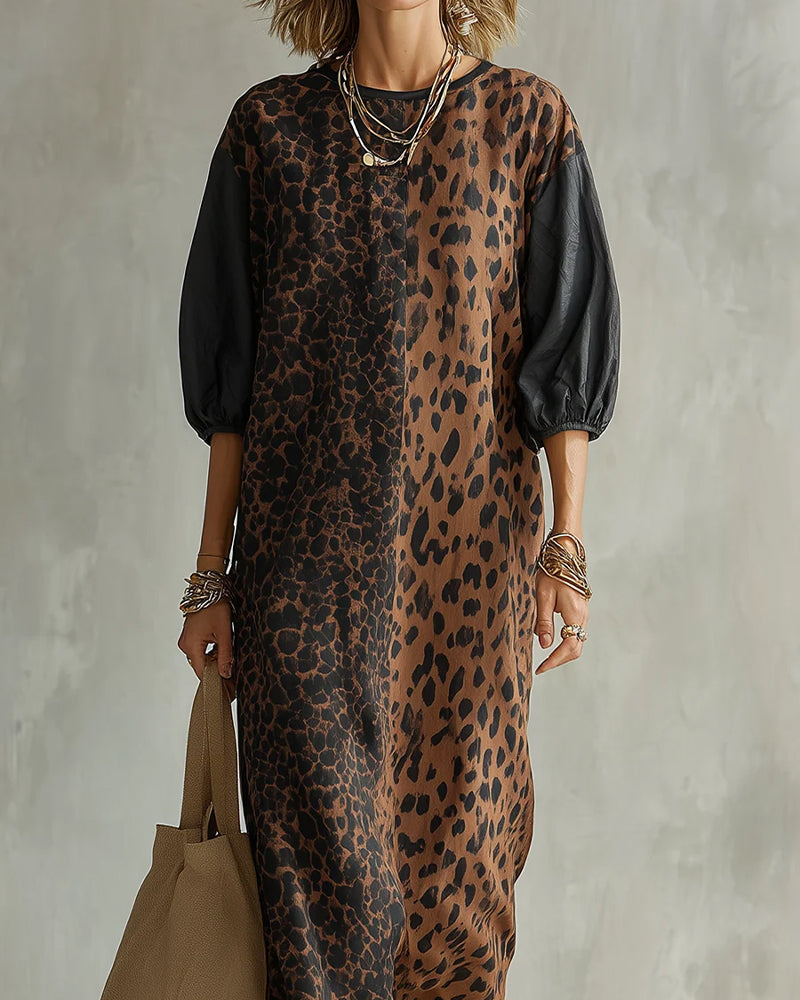 Milou - Premium leopard jurk met elegante pofmouwen