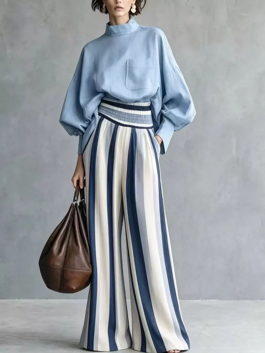 Eeke - Vrouwen ensemble met hoge kraag en gestreepte broek