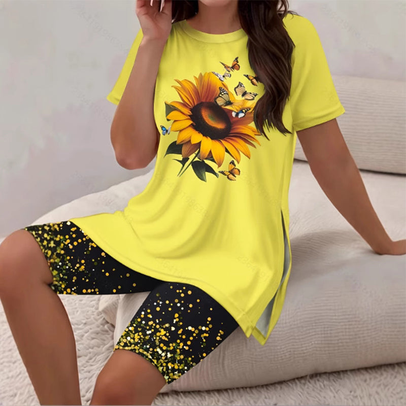 Evorielle - Dames set lange tuniek met zonnebloemprint en bijpassende short