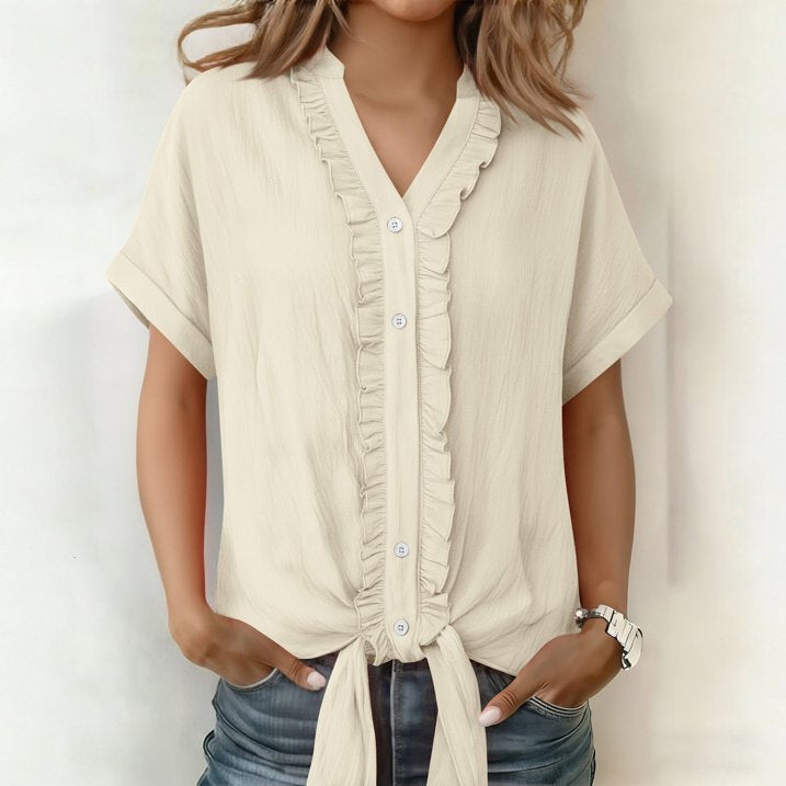Kalyxa - Dames katoen V-hals kortemouwen blouse zomer