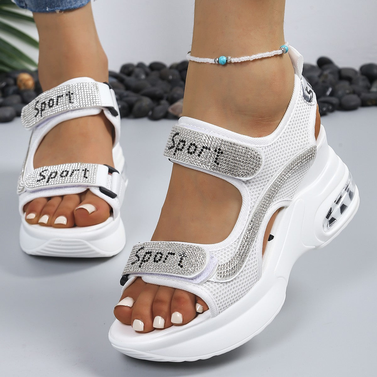 Calyvra - Dames sandalen platform strass velcro luchtzool sport