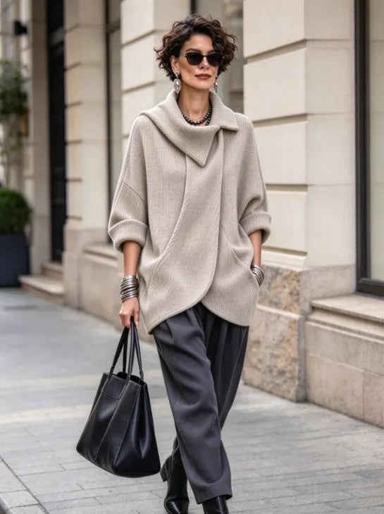 Théoline - Oversized damesvest van ribgebreide stof met asymmetrische kraag