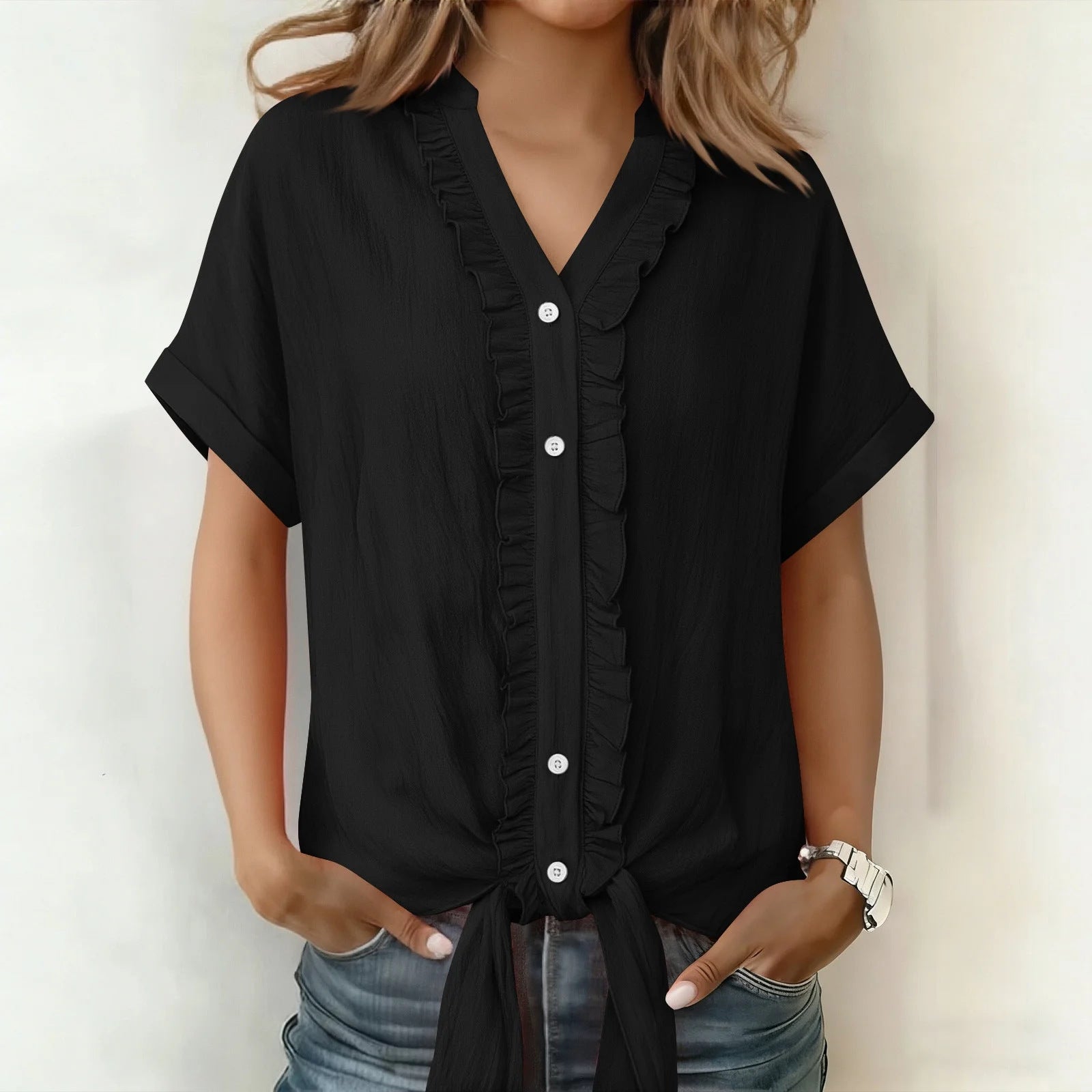 Kalyxa - Dames katoen V-hals kortemouwen blouse zomer
