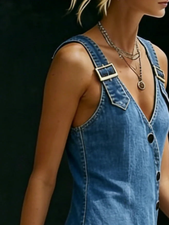 Perenelle - Lange denim jurk voor vrouwen met asymmetrische knopen