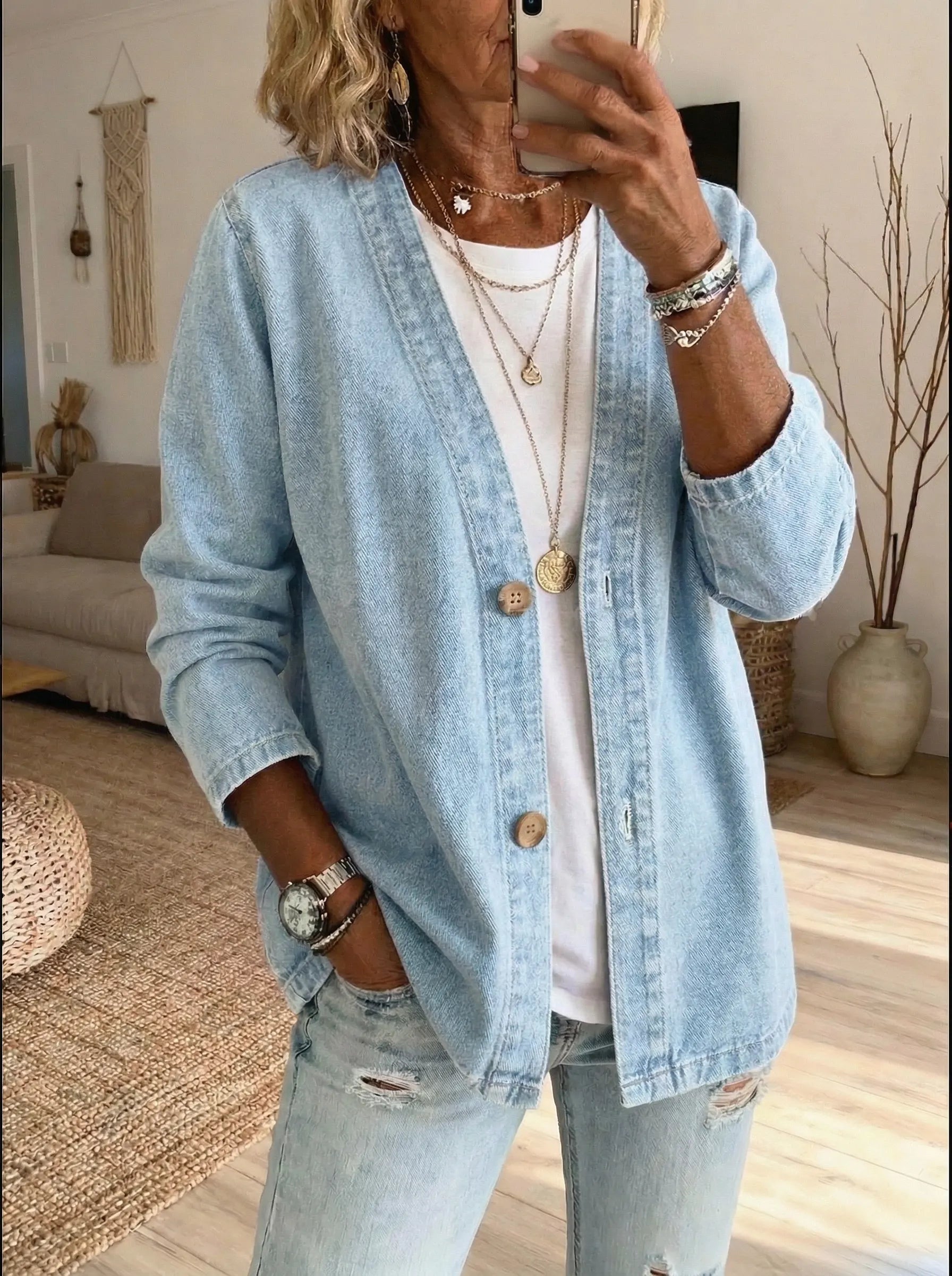 Oryxa - Dames Denim Jas Met Ruime Pasvorm en Knopen Casual Stijl