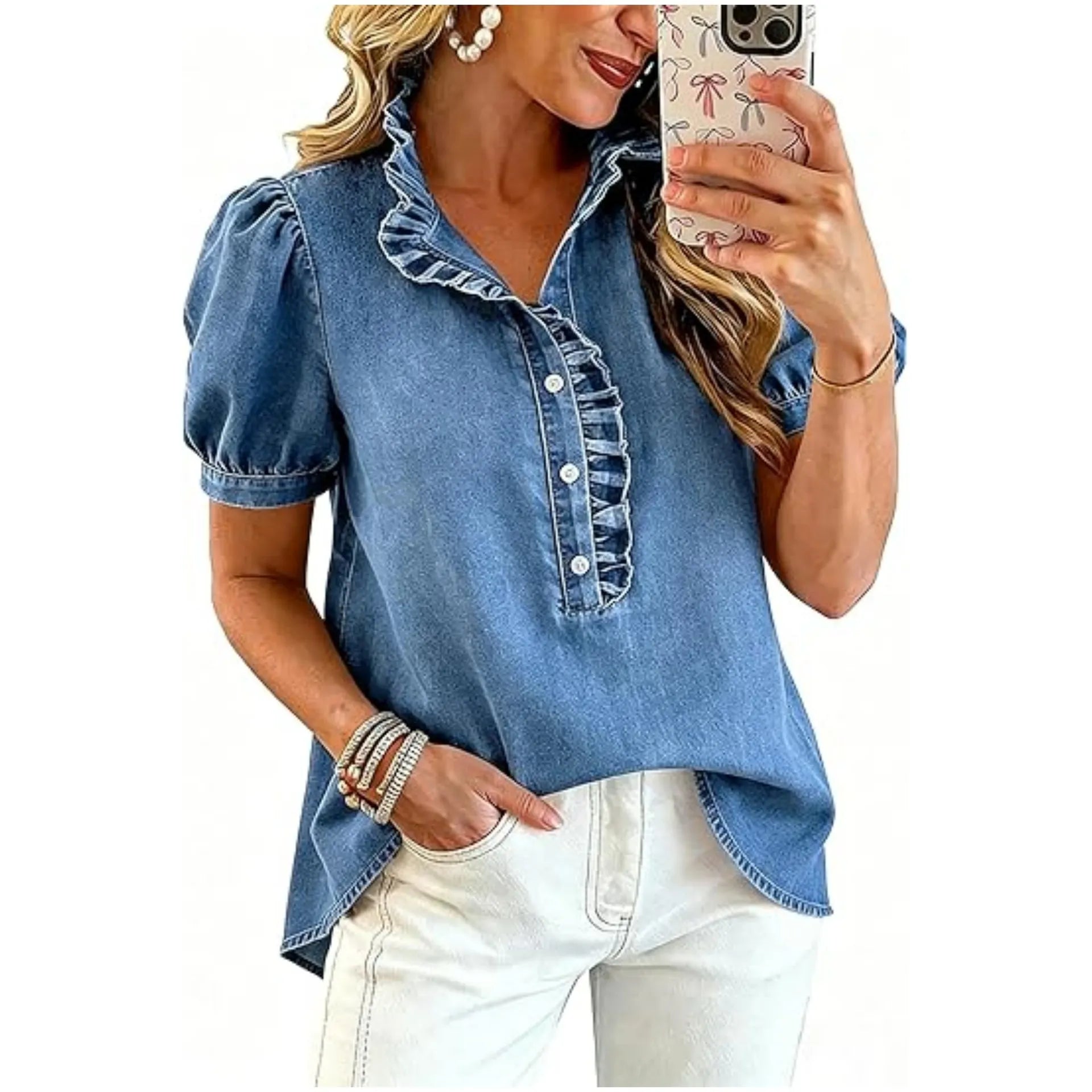 Caelith - Dames denim top met volantkraag