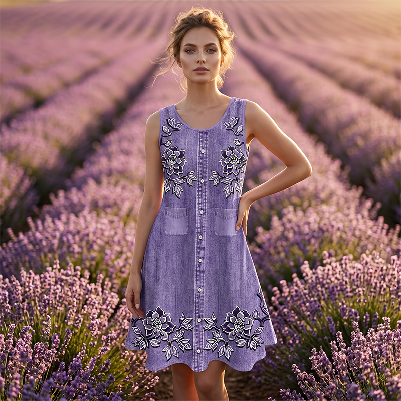 Vesper - Mouwloze bloemenjurk met knopen voor dames