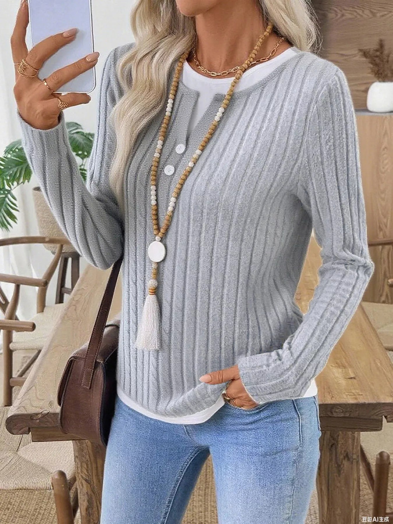 Kalivianne - Geribbelde Winter T-shirt met Lange Mouwen