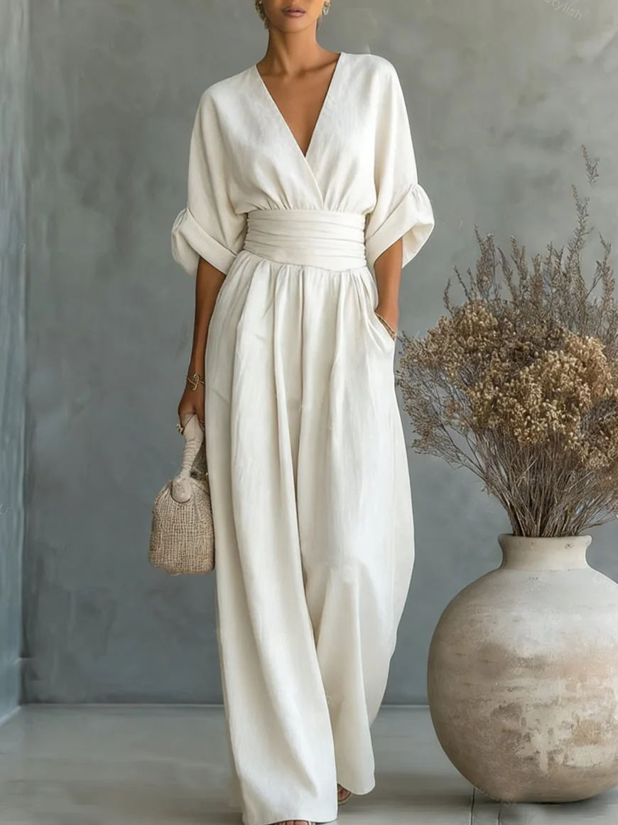 Helyrae - Dames Jumpsuit Met V-Hals Gedefinieerde Taille Elegante Vloeiende Pasvorm