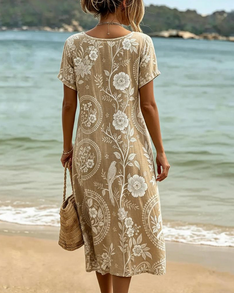 Loane - Midi jurk voor dames met bloemen- en vogelprint en ronde hals