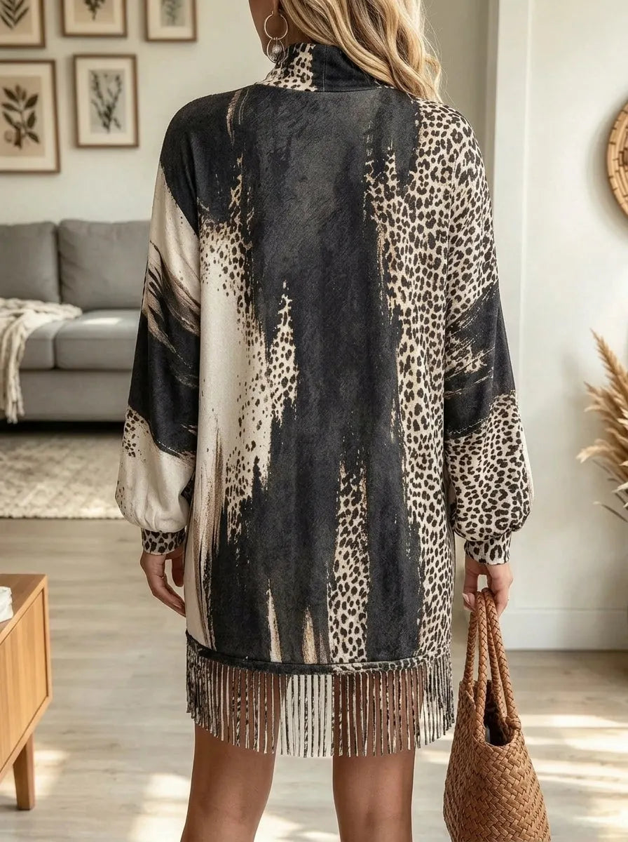 Odeline - Dames jurk trui met luipaardprint en franjes
