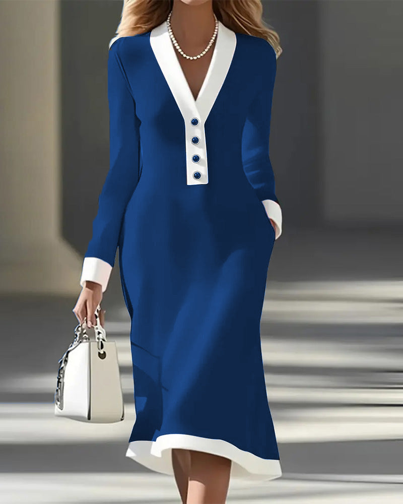 Brenyla - Elegante Midi Jurk met Contrasterende Kraag