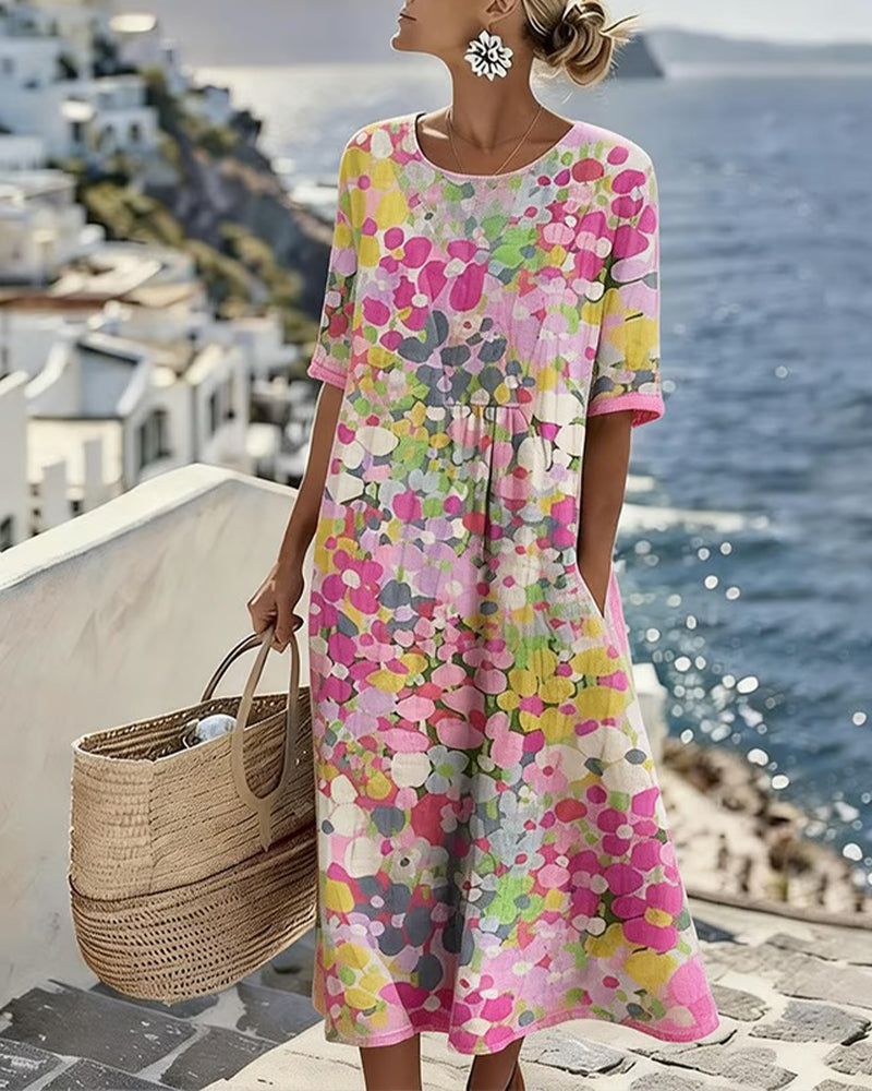 Averixa - Vrouwen midi-jurk met abstracte bloemenprint van katoen en linnen voor de zomer