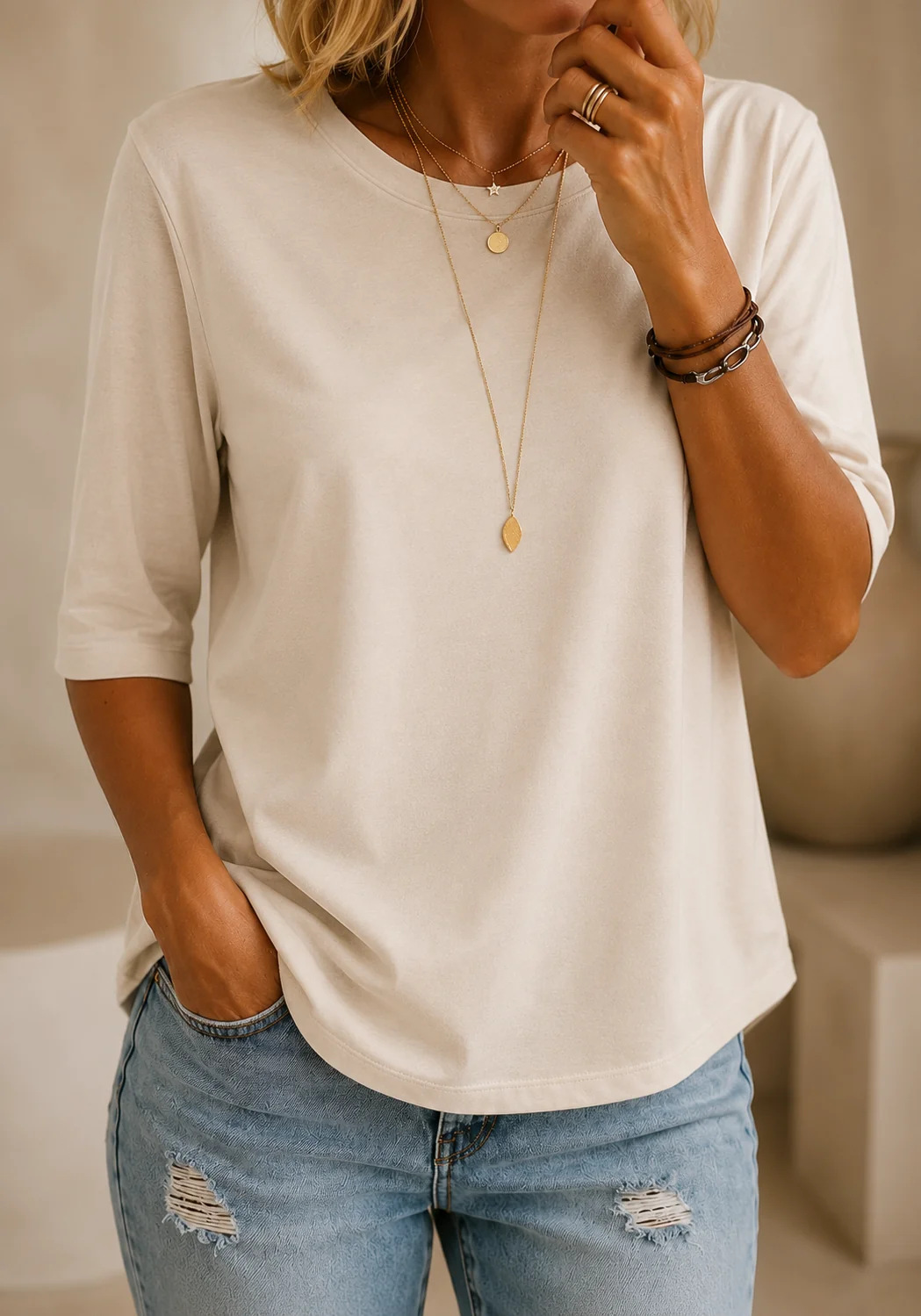Bérangère - Dames T-shirt met ronde hals en driekwartmouwen