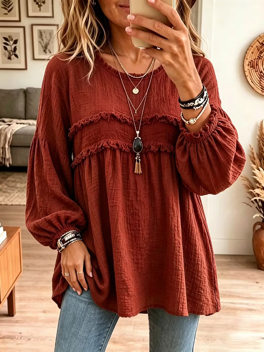 Noëlie - Vrouwelijke babydoll tuniek met volant en ballonmouwen