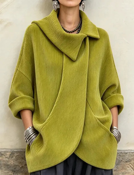 Théoline - Oversized damesvest van ribgebreide stof met asymmetrische kraag