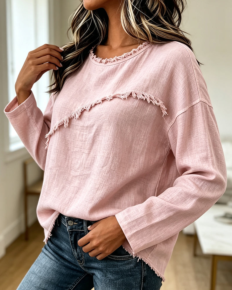 Zora - Damesbloes in roze met asymmetrische ronde hals en franjes