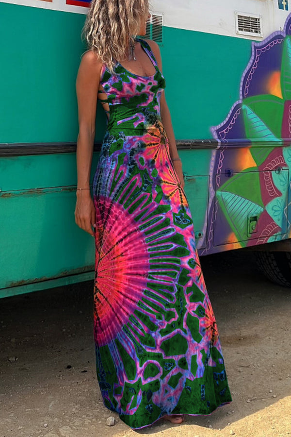 Junaria - Maxi-jurk met tie-dye print, vetersluiting op de rug, stretch (met ingebouwde bh)