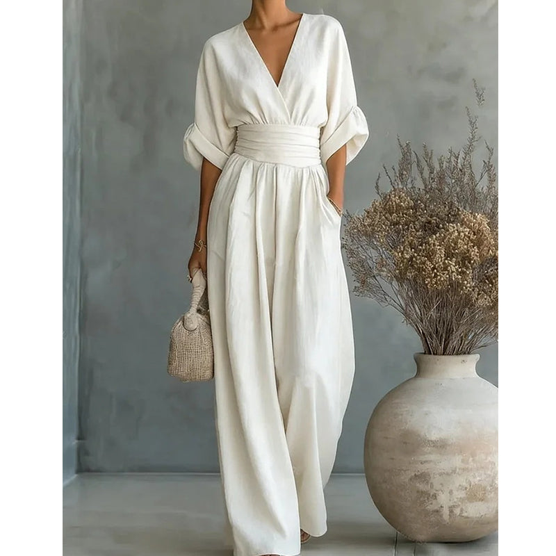 Daxelle - Elegante Dames Jumpsuit Met V-Hals, Getailleerde Taille, Wijde Benen