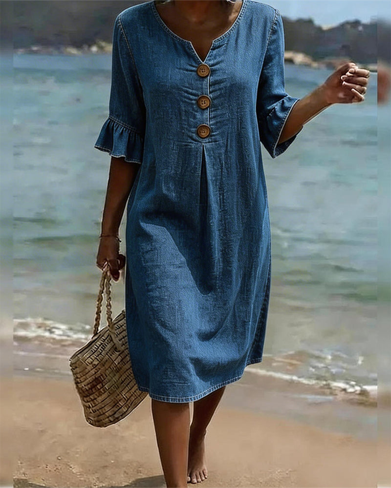 Fynorae - Dames jurk van denim met volantmouwen vloeiende snit zomer strand