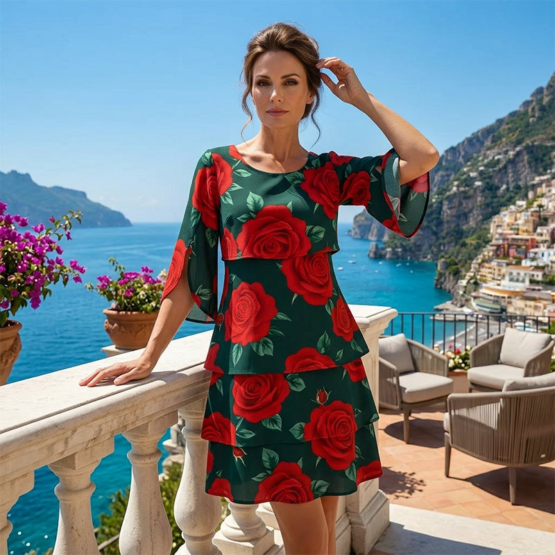 Qyvelle - Vrouwenjurk met Bloemenprint, Ruime Pasvorm, Vloeiende Mouwen, Elegante Stijl
