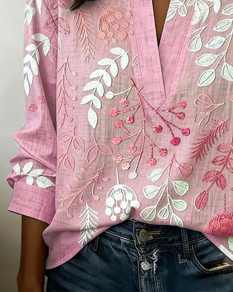 Drynora - Damesblouse met bloemenprint open kraag lange mouwen elegante stijl