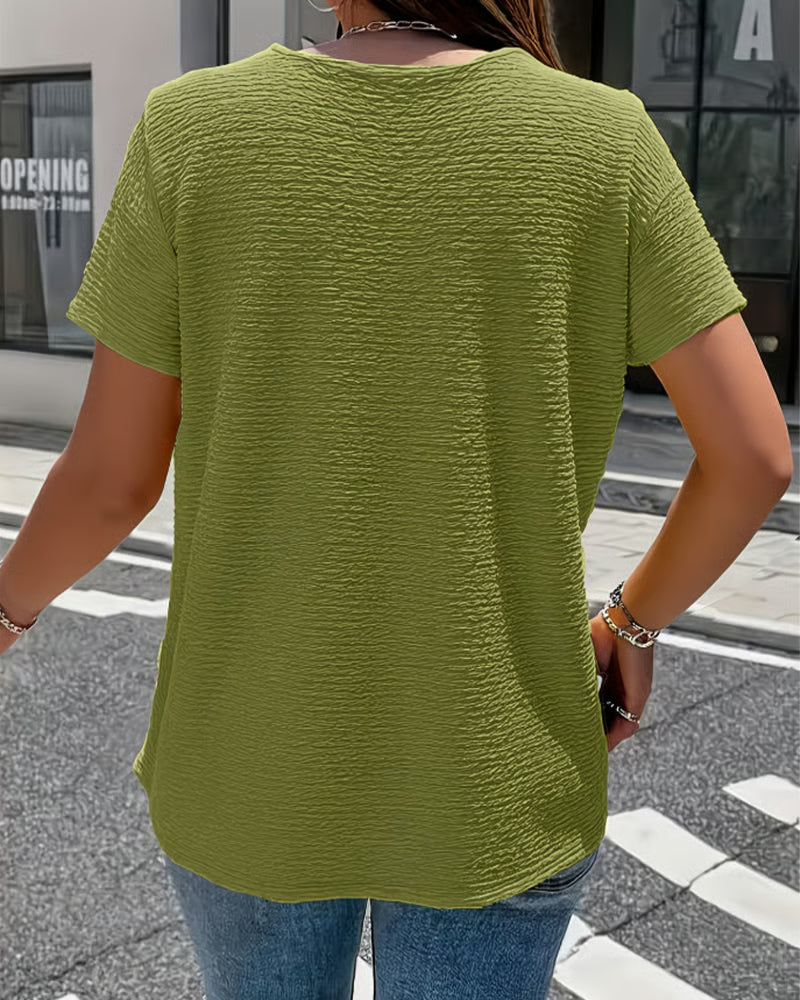 Syzelle - Dames t-shirt met ronde hals textuur korte mouwen elegante decoratieve knopen