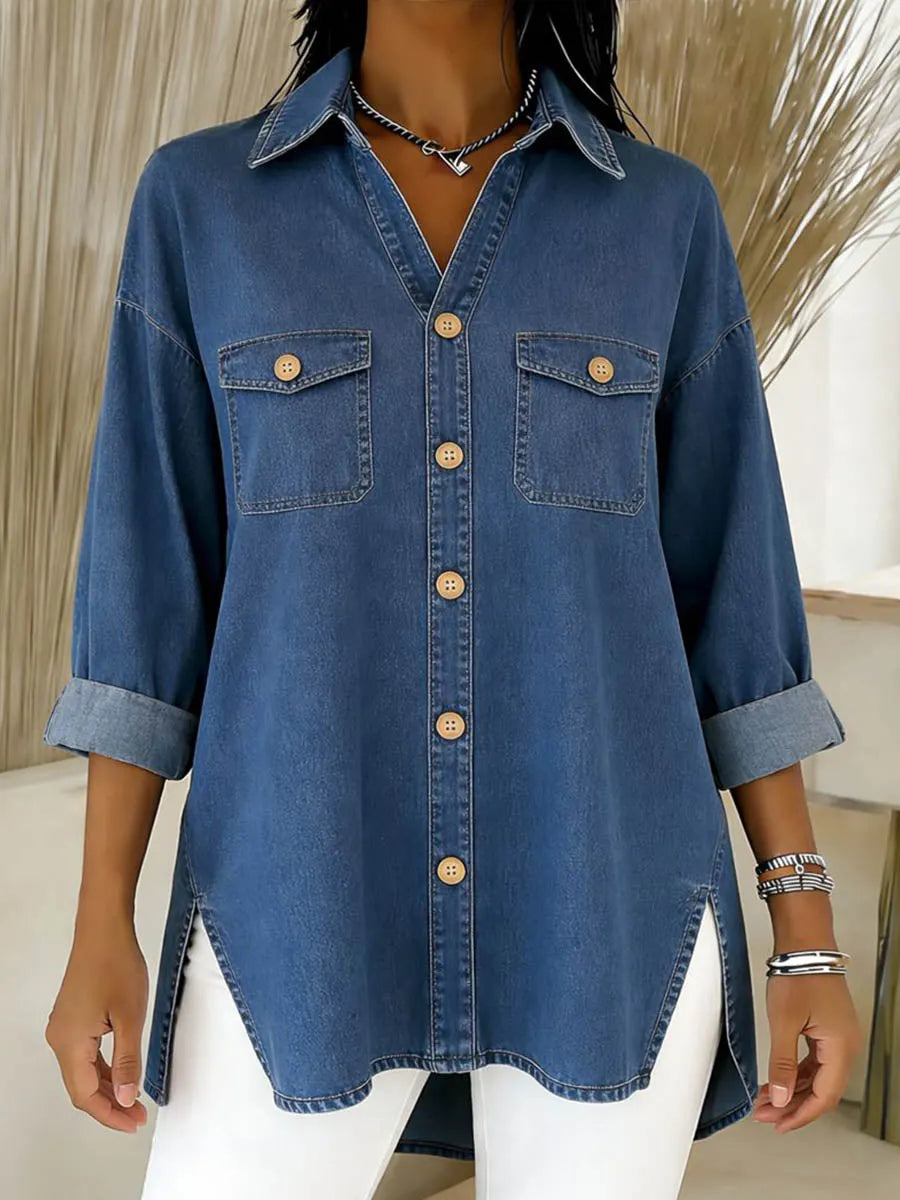 Cléa - Lange denim blouse voor dames met een losse pasvorm en borstzakken