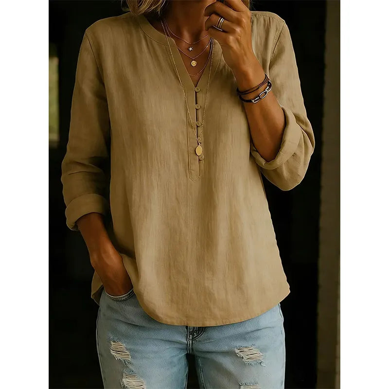 Vaelis - Vrouwelijke losse blouse met V-hals en knopen