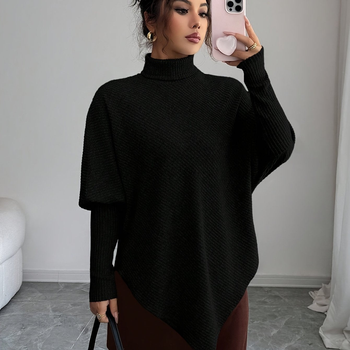 Ilyssa - Asymmetrische Trui Met Hoge Hals Moderne Elegant