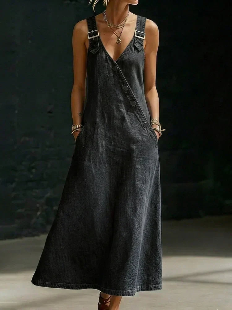 Perenelle - Lange denim jurk voor vrouwen met asymmetrische knopen