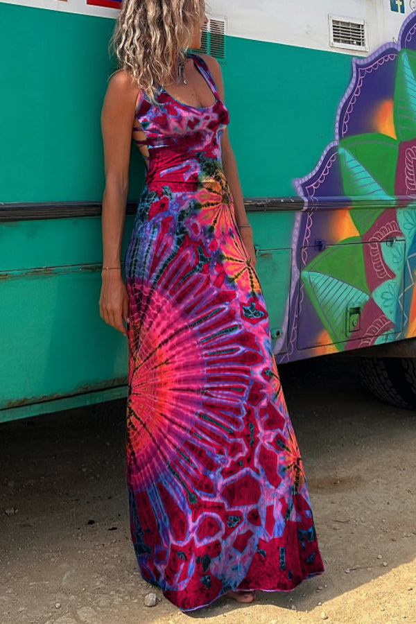 Junaria - Maxi-jurk met tie-dye print, vetersluiting op de rug, stretch (met ingebouwde bh)