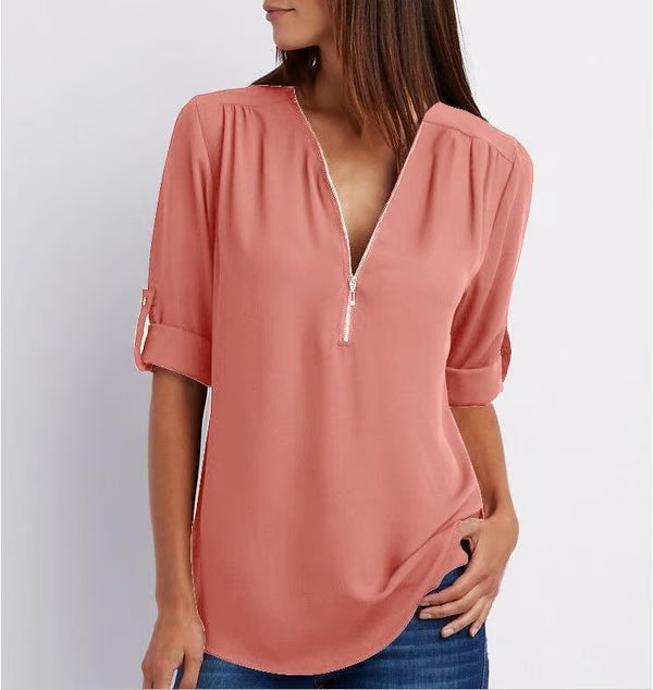 Quelina - 3/4 Mouw Losse Rits Blouse