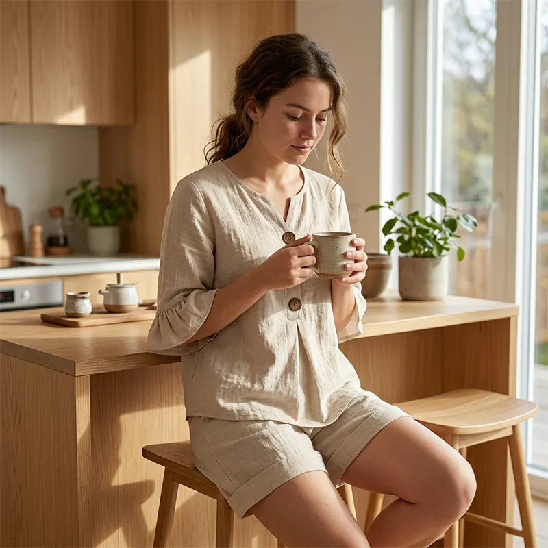 Telora - Dames katoen set met knooptop en short