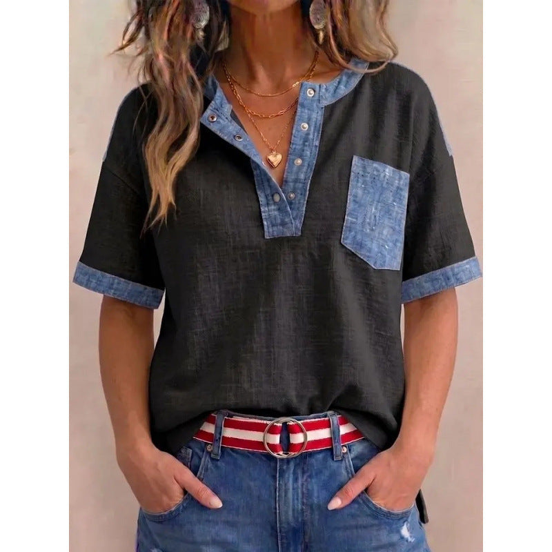 Tivellea - Dames top van katoen met V-hals en denim details