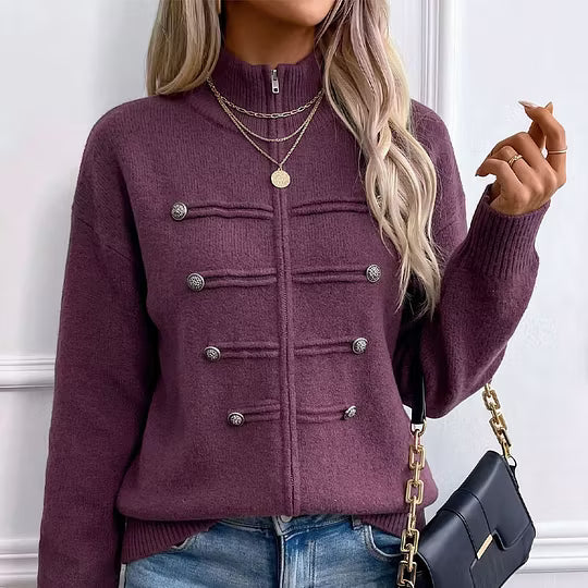 Teuntje - Dames gebreide gilet met hoge, rits en decoratieve knopen