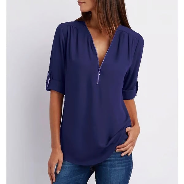 Quelina - 3/4 Mouw Losse Rits Blouse